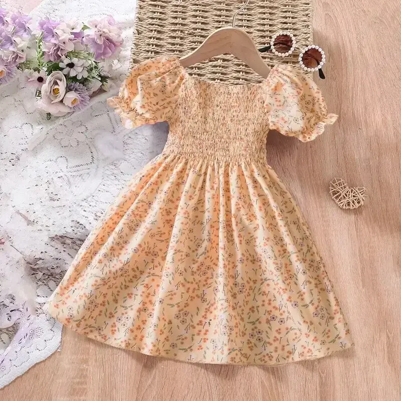 Sweet Little Girl Dress Summer New Clothes Retro Elegant Princess Floral Dress Flying Sleeves Dress Casual Romantic Print Dress