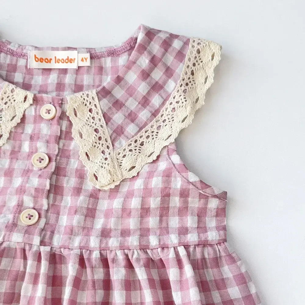 2025 Summer New Purple Girls Dress Lace Collar Sleeveless Princess Dresses Fashion Checkered Printed Children's Clothing