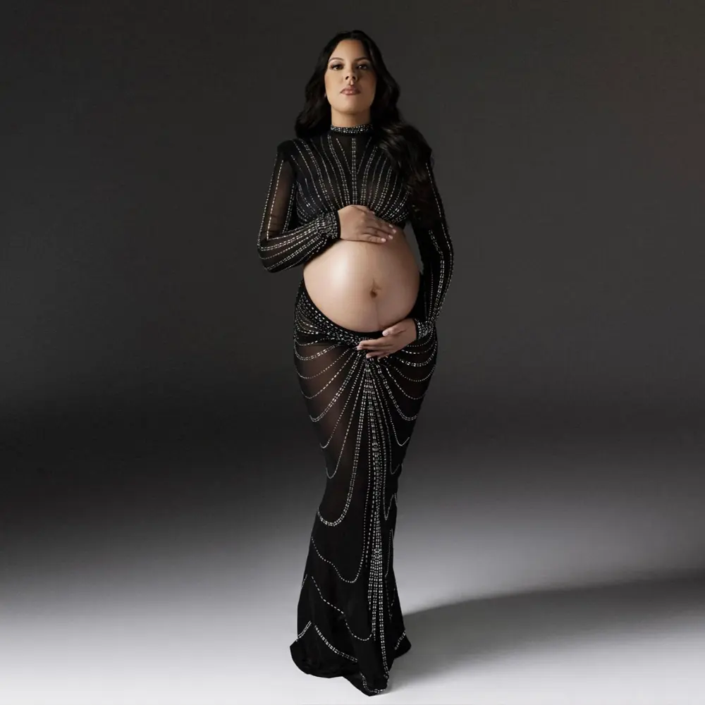 Maternity Dresses For Photo Shoot Maxi Evening Sexy Pregnant Women Elegant Sleeveless Bodycon Party Stretchy Rhinestone Body-con