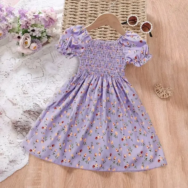 Sweet Little Girl Dress Summer New Clothes Retro Elegant Princess Floral Dress Flying Sleeves Dress Casual Romantic Print Dress