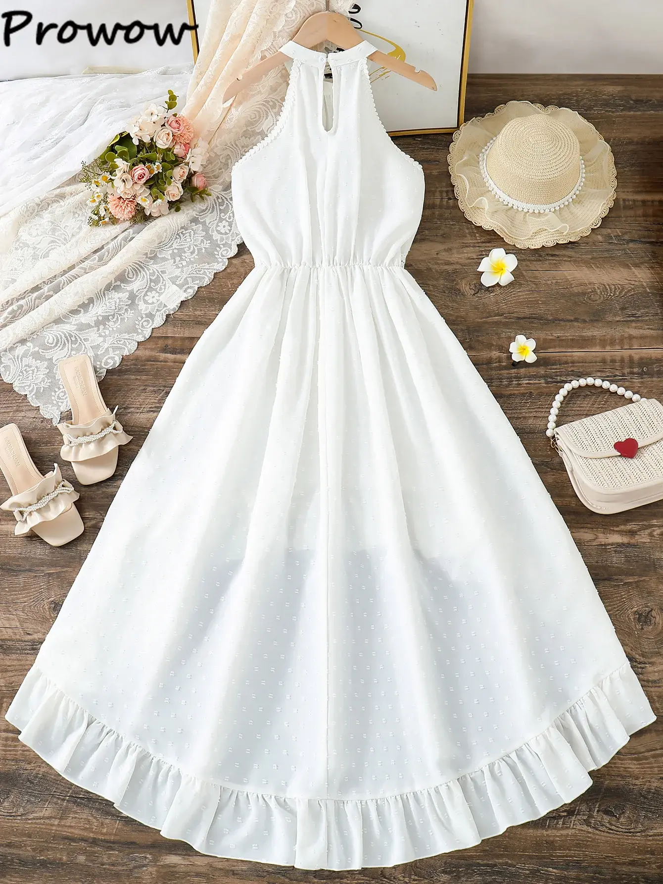 Prowow Teenagers Girls Clothes 13-16Y Sleeveless Halter White Dress For Party Weeding Performance Children Dresses For Big Girl