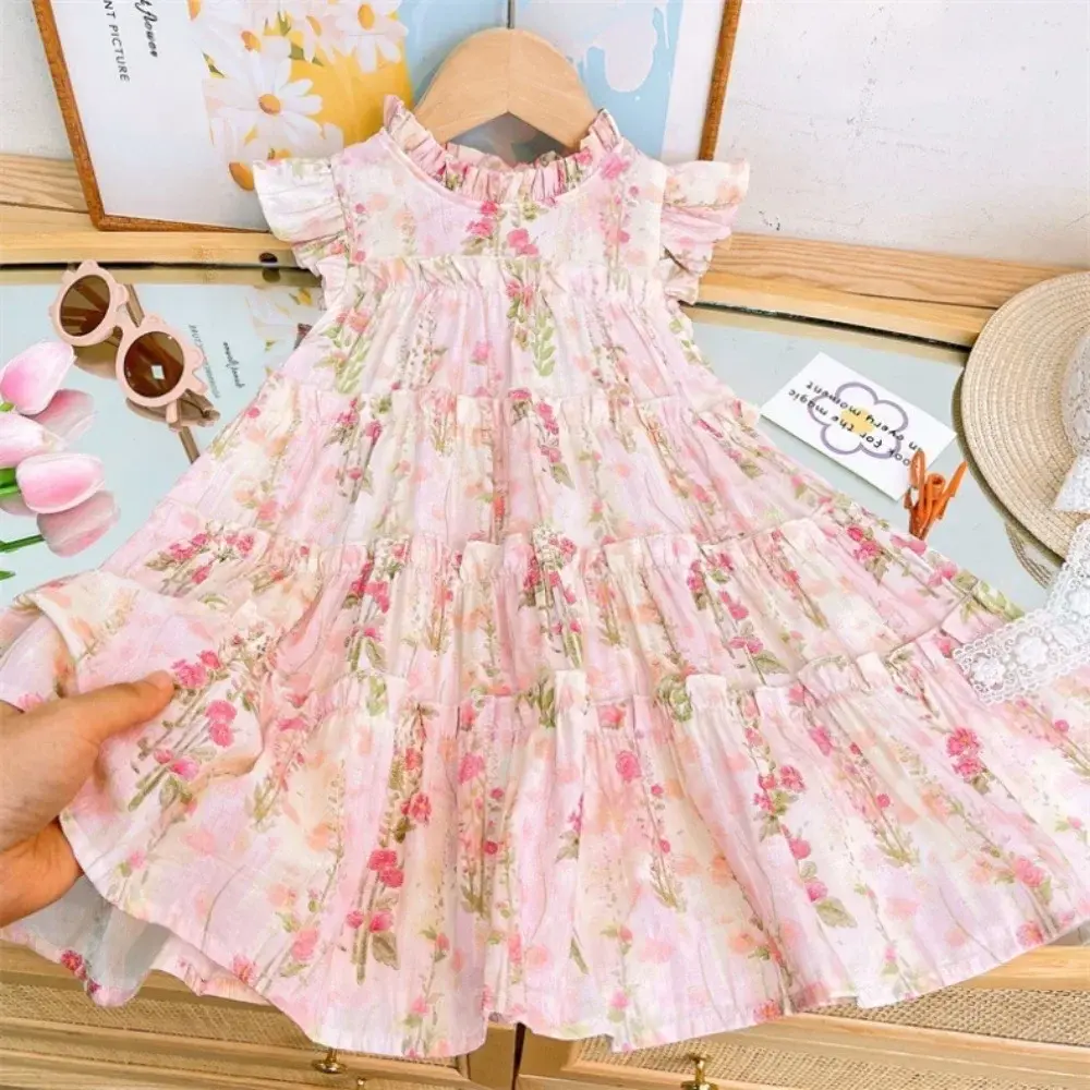 Summer Girls Fashion New O-Neck Flying Sleeve Flower Print Sweet Cute Princess Dress 1 Pc 2-7 Years Children Casual Clothes