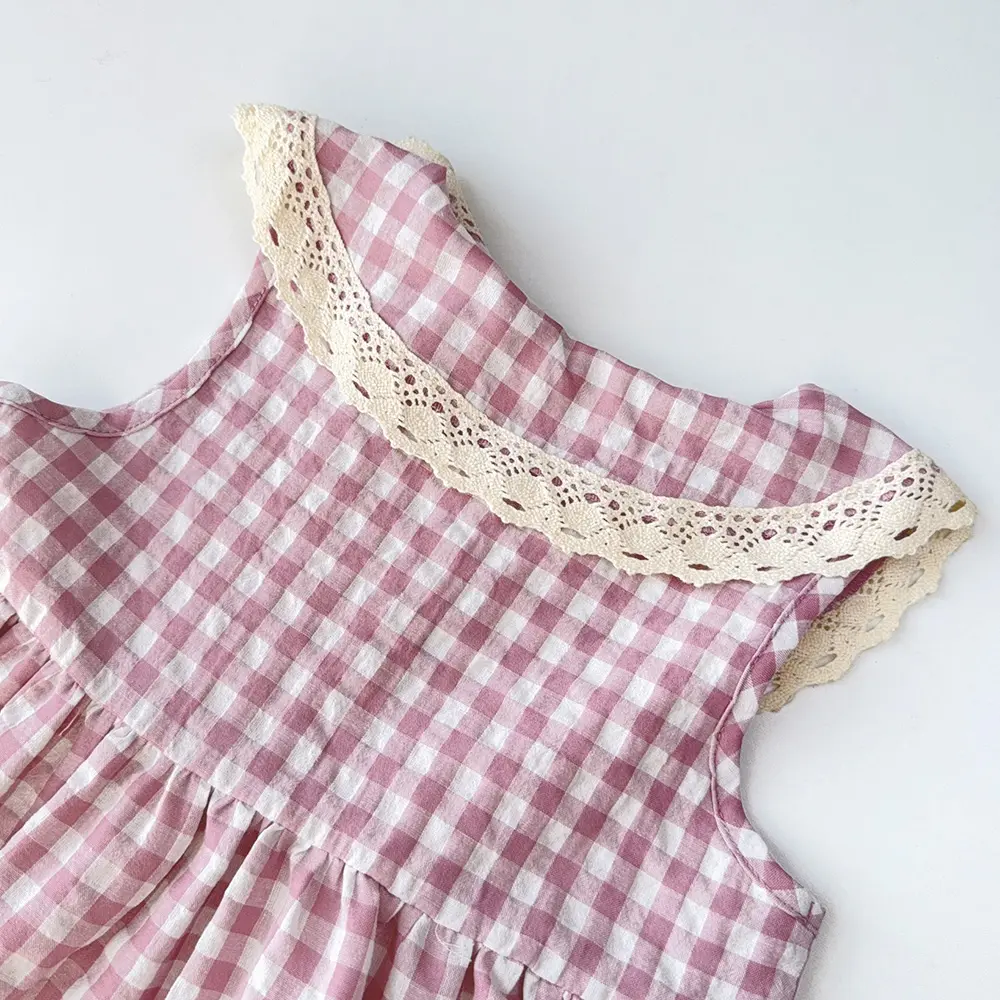 2025 Summer New Purple Girls Dress Lace Collar Sleeveless Princess Dresses Fashion Checkered Printed Children's Clothing