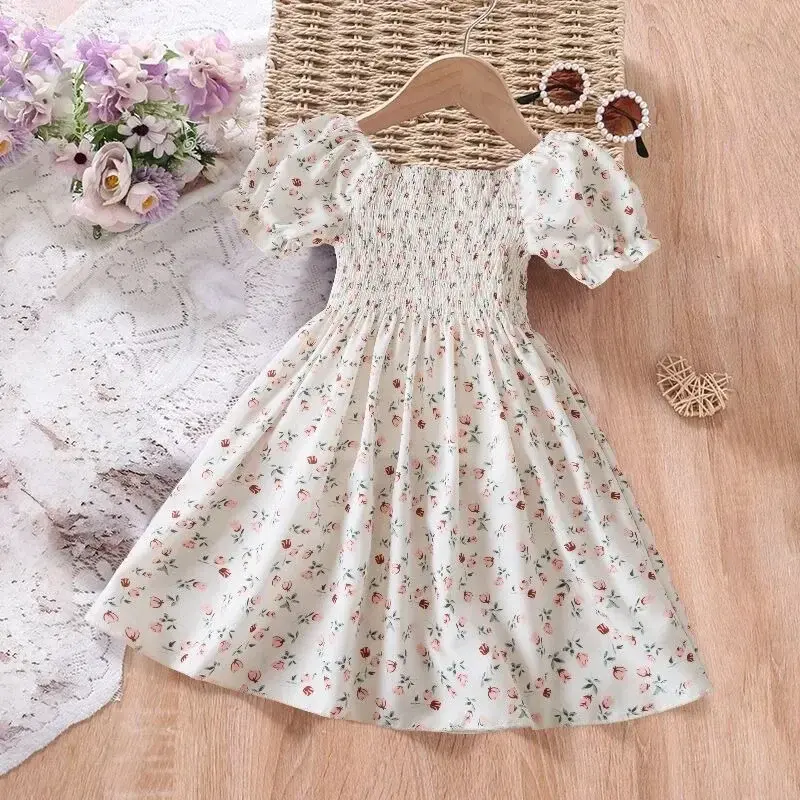 Sweet Little Girl Dress Summer New Clothes Retro Elegant Princess Floral Dress Flying Sleeves Dress Casual Romantic Print Dress