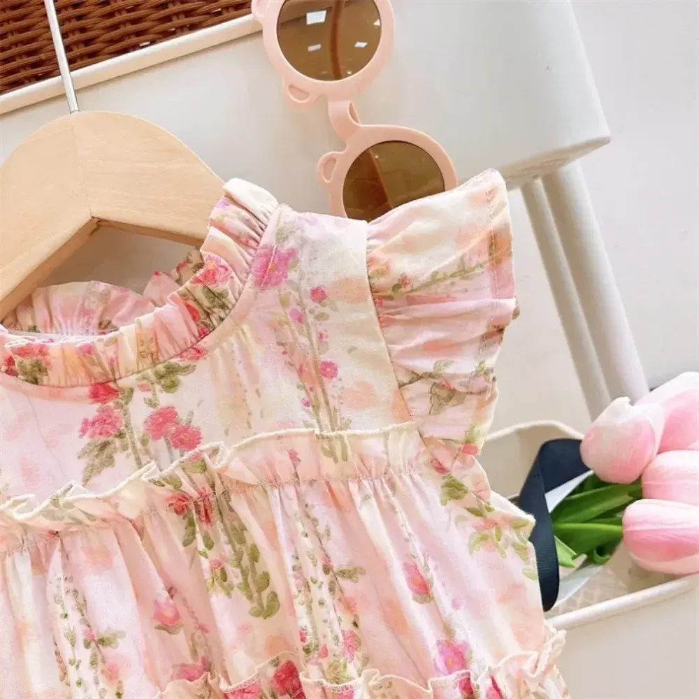 Summer Girls Fashion New O-Neck Flying Sleeve Flower Print Sweet Cute Princess Dress 1 Pc 2-7 Years Children Casual Clothes