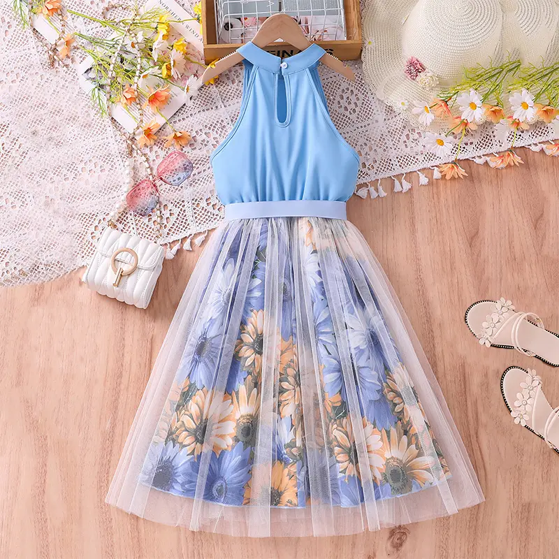 Kids Dress For Girls Blue Sleeveless Printed Tutu Dress 2025 New Style Birthday Party Princess Dress 8-12 Years Children Clothes