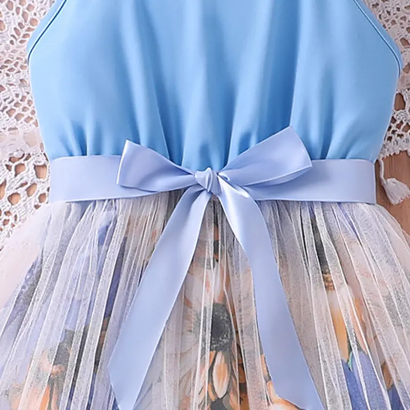 Kids Dress For Girls Blue Sleeveless Printed Tutu Dress 2025 New Style Birthday Party Princess Dress 8-12 Years Children Clothes