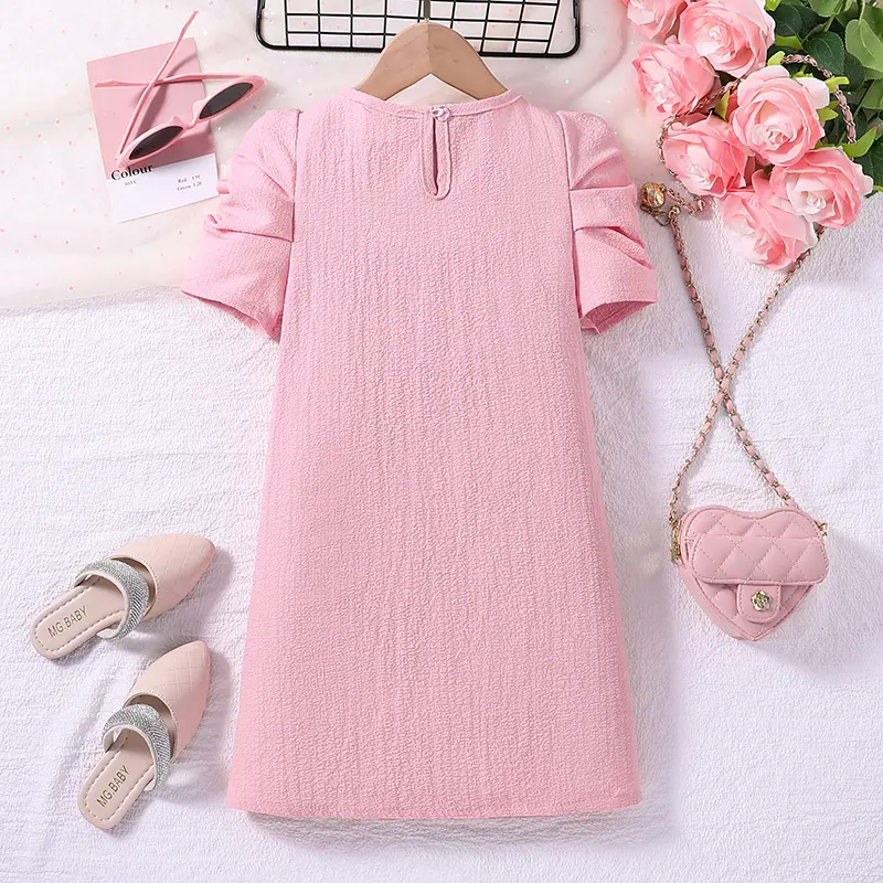 Fashion For 4-7Ys Kids Outfit Pink Short-Sleeved Dress Summer Daily Casual Vacation Holiday Preppy Style Children Clothing