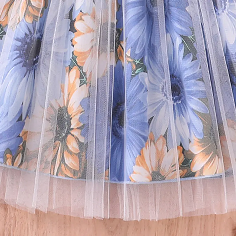 Kids Dress For Girls Blue Sleeveless Printed Tutu Dress 2025 New Style Birthday Party Princess Dress 8-12 Years Children Clothes