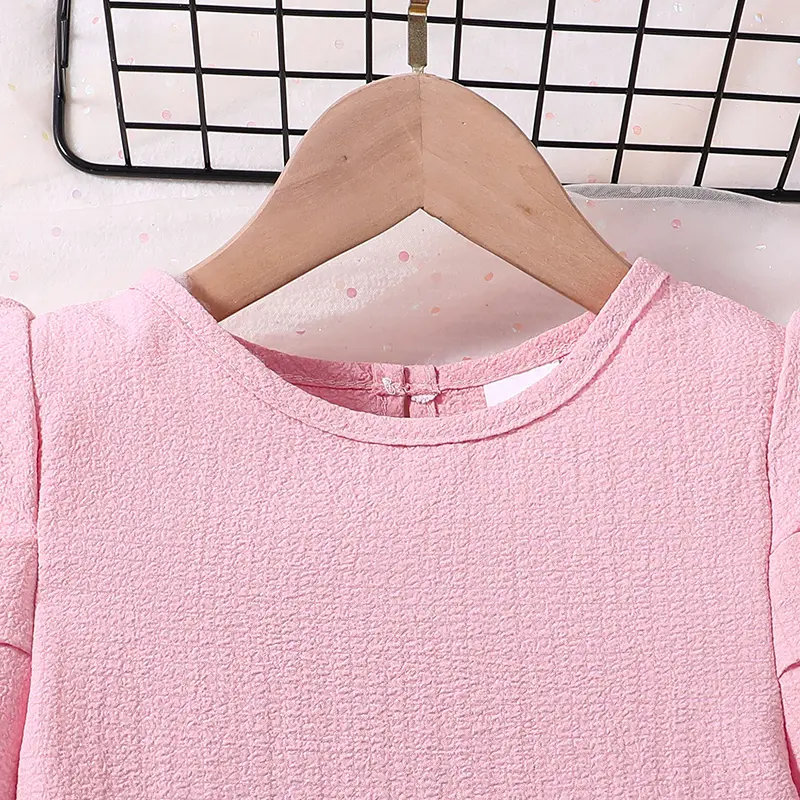 Fashion For 4-7Ys Kids Outfit Pink Short-Sleeved Dress Summer Daily Casual Vacation Holiday Preppy Style Children Clothing