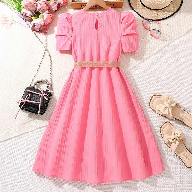 Kids Dress For Girls Solid Pink Sweet Style Belted Round-Neck Smock Dress Sweet Style Princess Dress Summer Children Clothes