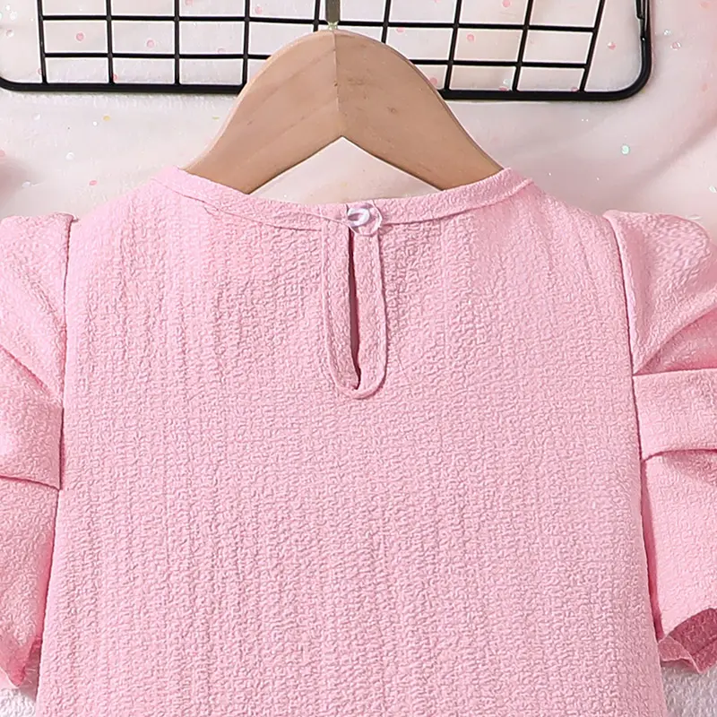Fashion For 4-7Ys Kids Outfit Pink Short-Sleeved Dress Summer Daily Casual Vacation Holiday Preppy Style Children Clothing