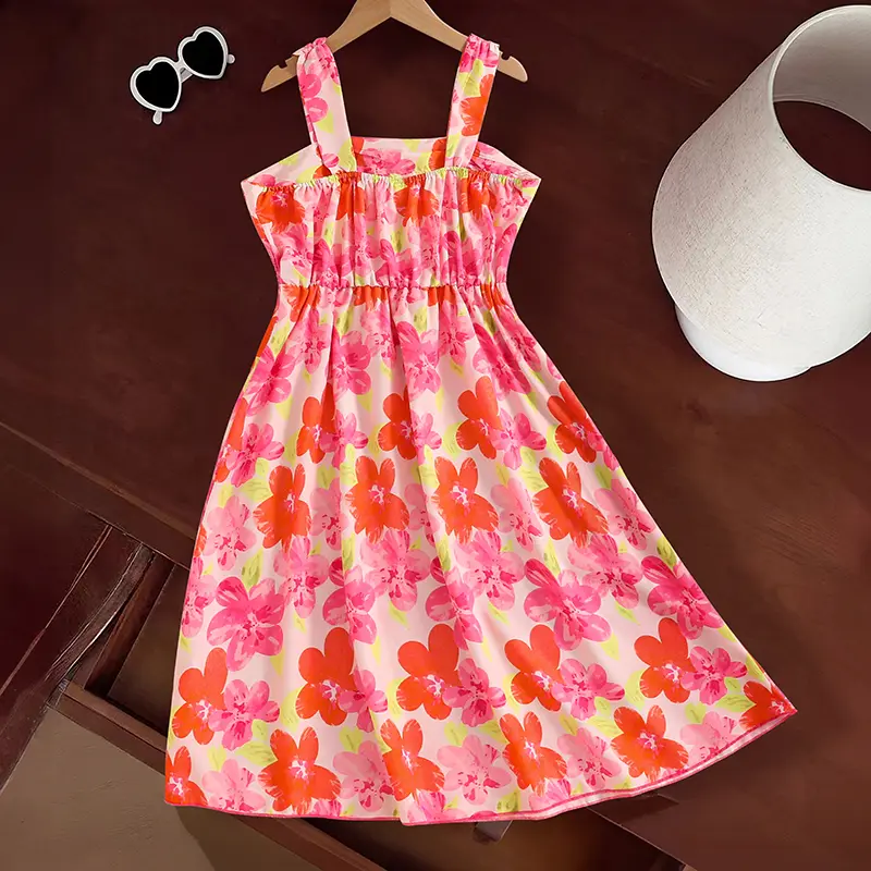 Summer New Hot Sale Floral Print O-Neck Sleeveless Lace A-Line Dress For Girls 8-12 Years Daliy Vacation Country-Style Clothing