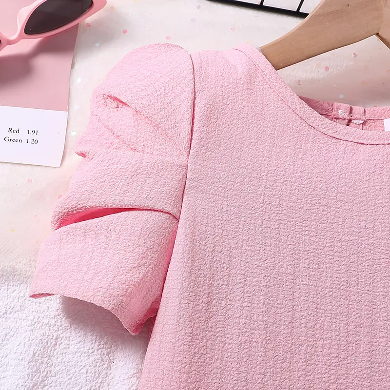Fashion For 4-7Ys Kids Outfit Pink Short-Sleeved Dress Summer Daily Casual Vacation Holiday Preppy Style Children Clothing
