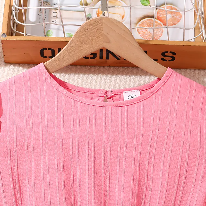 Kids Dress For Girls Solid Pink Sweet Style Belted Round-Neck Smock Dress Sweet Style Princess Dress Summer Children Clothes