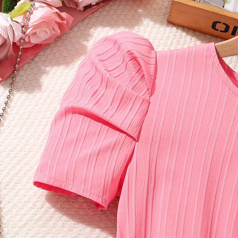 Kids Dress For Girls Solid Pink Sweet Style Belted Round-Neck Smock Dress Sweet Style Princess Dress Summer Children Clothes