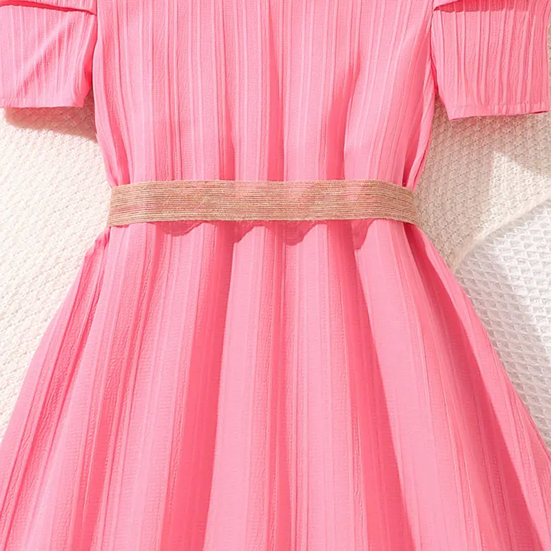 Kids Dress For Girls Solid Pink Sweet Style Belted Round-Neck Smock Dress Sweet Style Princess Dress Summer Children Clothes