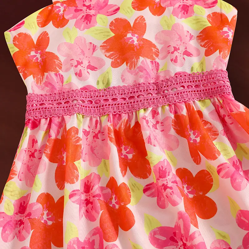 Summer New Hot Sale Floral Print O-Neck Sleeveless Lace A-Line Dress For Girls 8-12 Years Daliy Vacation Country-Style Clothing