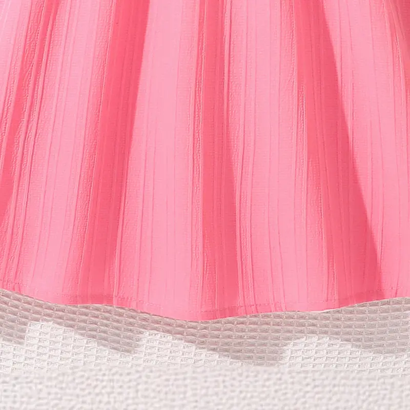 Kids Dress For Girls Solid Pink Sweet Style Belted Round-Neck Smock Dress Sweet Style Princess Dress Summer Children Clothes