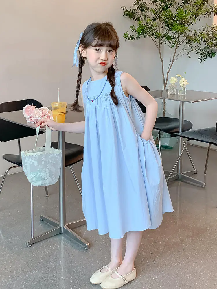Girls Dress Summer New Korean Pure Cotton Solid Color Round Neck Pleated Princess Sleeveless Dress Kids Clothes Girls