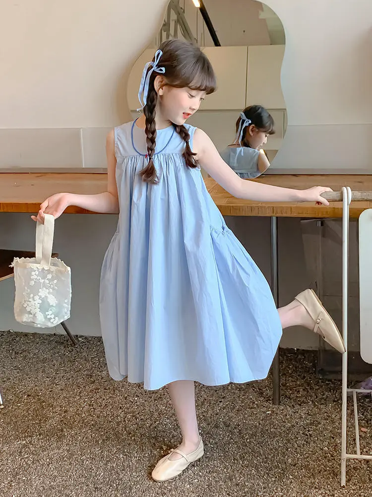Girls Dress Summer New Korean Pure Cotton Solid Color Round Neck Pleated Princess Sleeveless Dress Kids Clothes Girls