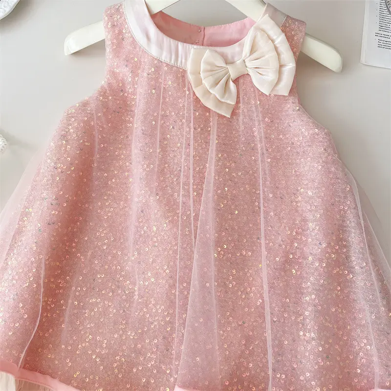 Korean Summer Children Girls Dress Cute Bow Collar Sleeveless Baby Girl Dress A-line Pink Sequins Mesh Kids Party Princess Dress