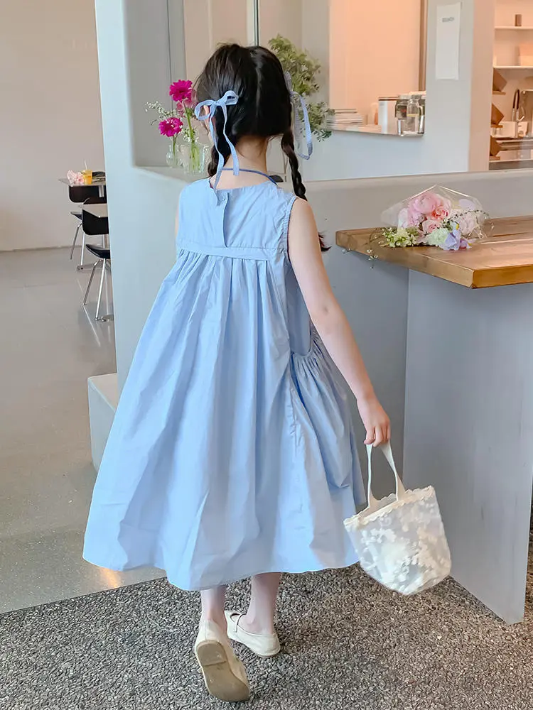 Girls Dress Summer New Korean Pure Cotton Solid Color Round Neck Pleated Princess Sleeveless Dress Kids Clothes Girls