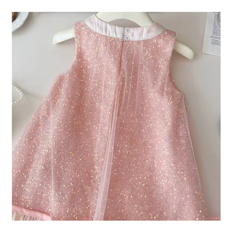 Korean Summer Children Girls Dress Cute Bow Collar Sleeveless Baby Girl Dress A-line Pink Sequins Mesh Kids Party Princess Dress