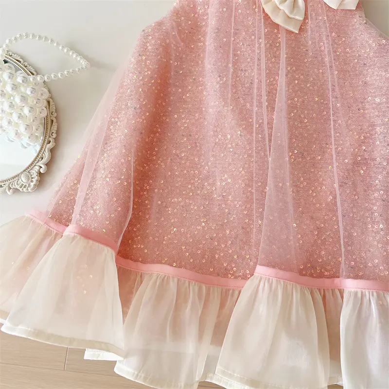 Korean Summer Children Girls Dress Cute Bow Collar Sleeveless Baby Girl Dress A-line Pink Sequins Mesh Kids Party Princess Dress