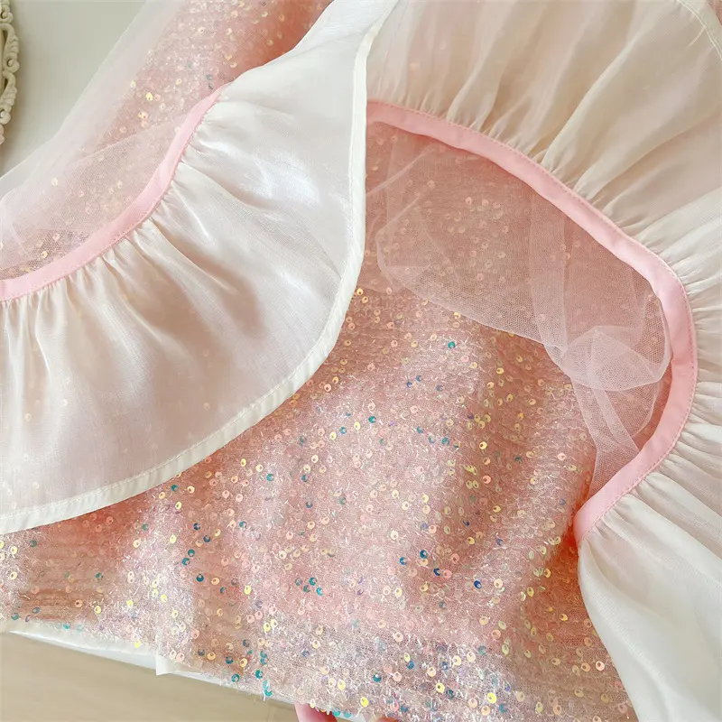 Korean Summer Children Girls Dress Cute Bow Collar Sleeveless Baby Girl Dress A-line Pink Sequins Mesh Kids Party Princess Dress