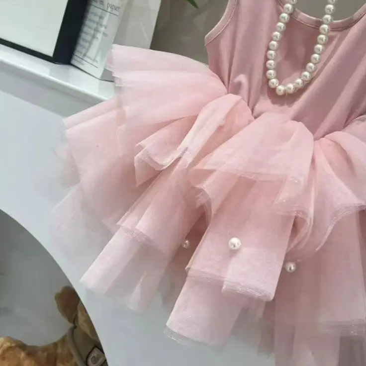 Children's Yarn Dress 2025 Summer Girls' New Spliced Mesh Children Clothing Baby Girl Vest  Fluffy Dress Princess Birthday Dress