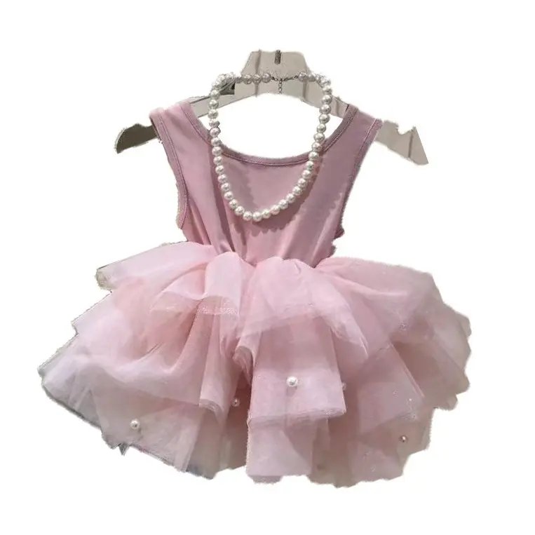 Children's Yarn Dress 2025 Summer Girls' New Spliced Mesh Children Clothing Baby Girl Vest  Fluffy Dress Princess Birthday Dress