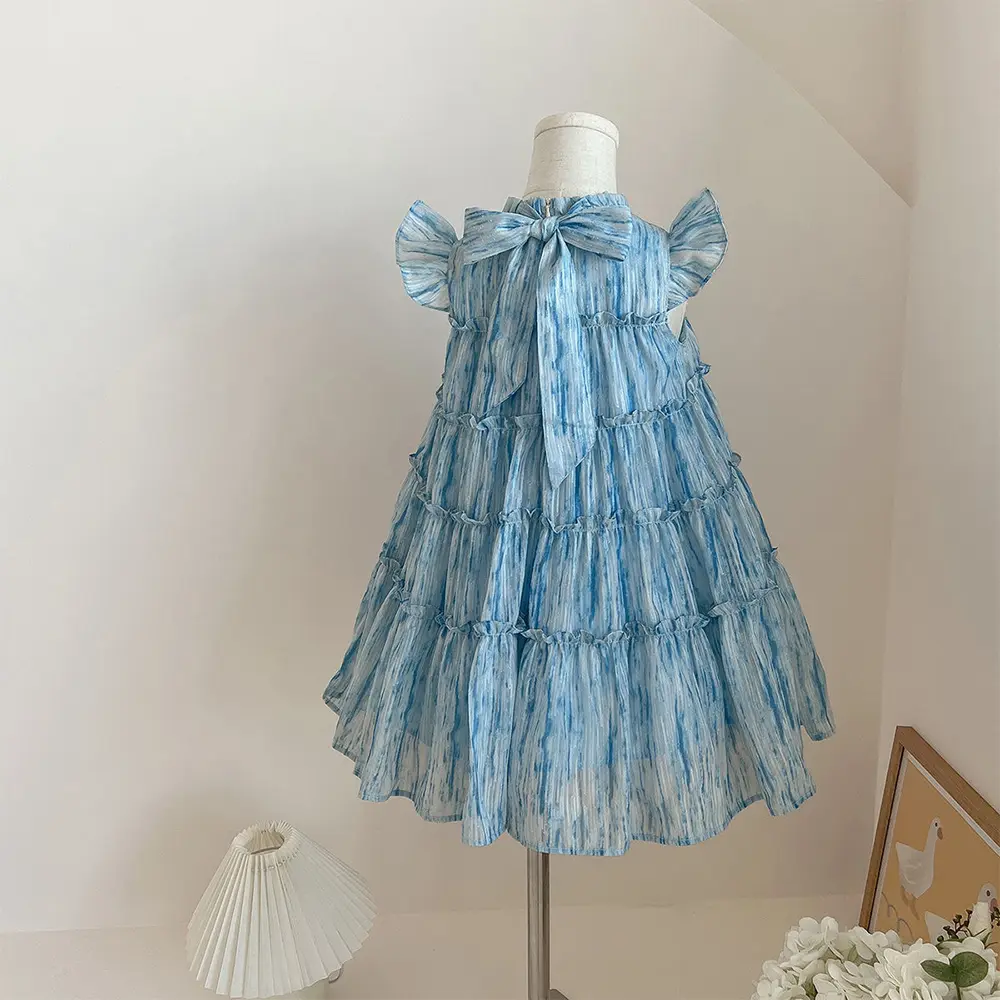 Korea Summer Girls Casual Dresses Princess Dress Birthday Party Flower Girl Dresses New Pleated Girl Dress Print Kids Clothes
