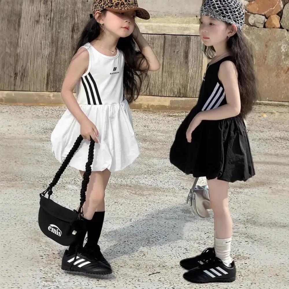Bear Leader Summer Fashion New Simple Vest Dress Sleeveless Striped Printed Girls' Casual Dresses Cute Children's Clothing