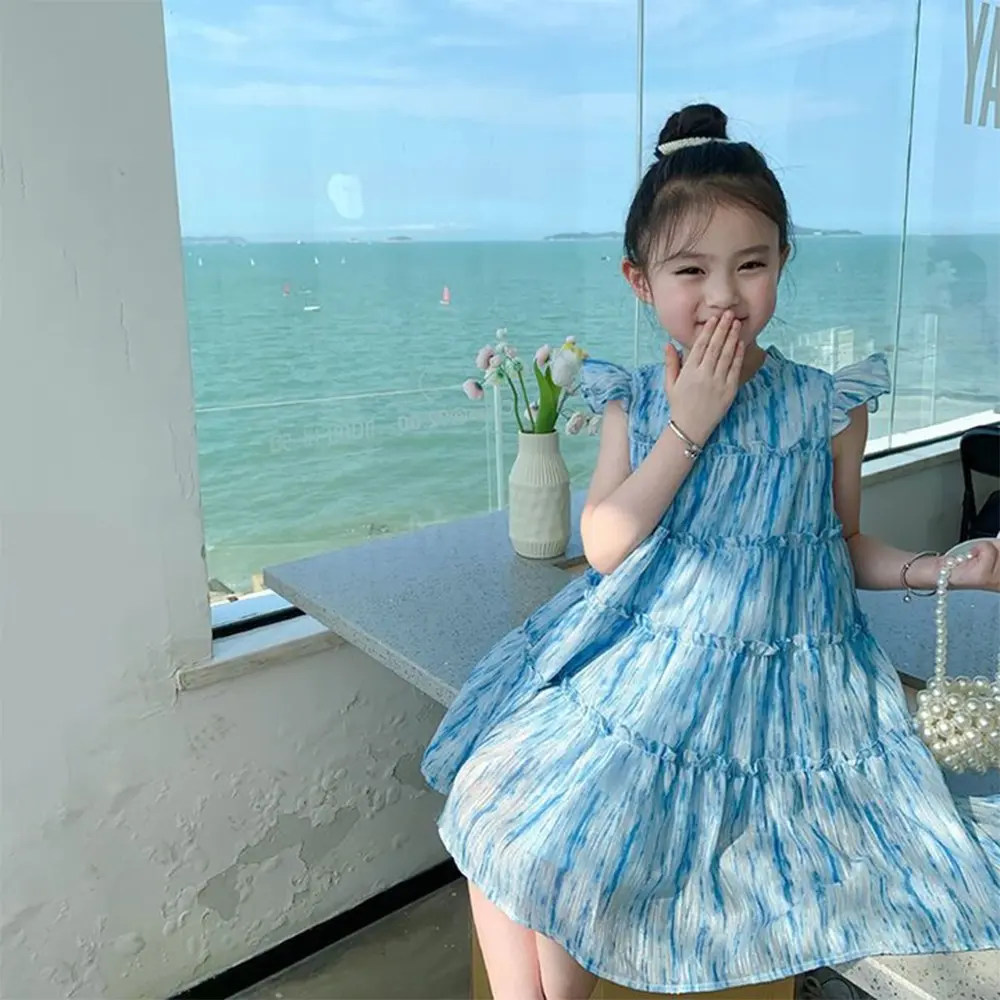Korea Summer Girls Casual Dresses Princess Dress Birthday Party Flower Girl Dresses New Pleated Girl Dress Print Kids Clothes