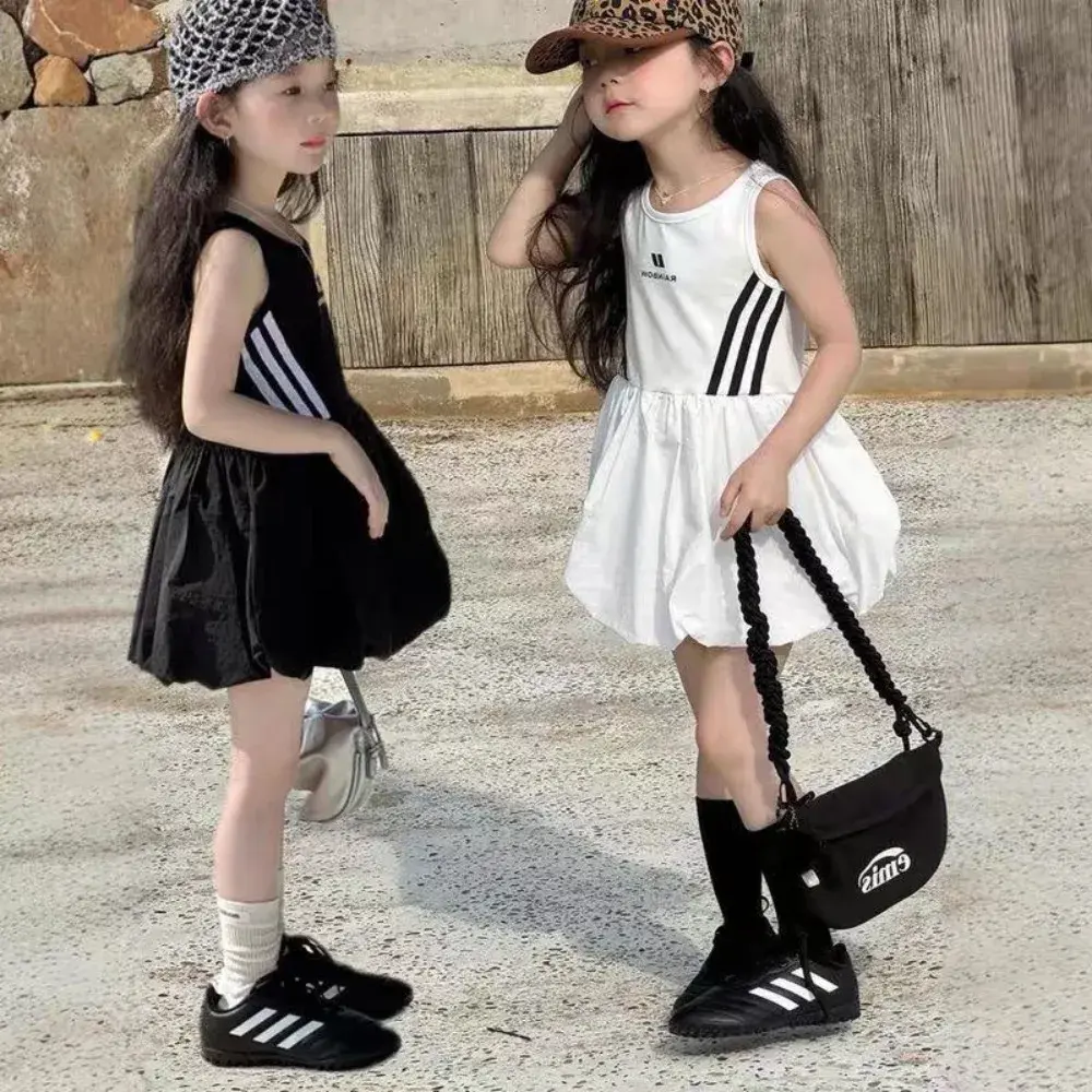Bear Leader Summer Fashion New Simple Vest Dress Sleeveless Striped Printed Girls' Casual Dresses Cute Children's Clothing