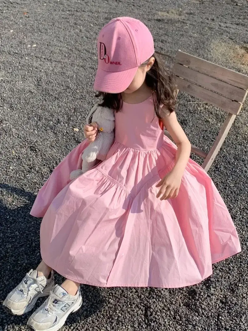 2024 Summer Kids Girl Sleeveless Korean Children's Clothing Girl's Small Fresh Solid Color Cotton Princess Dress