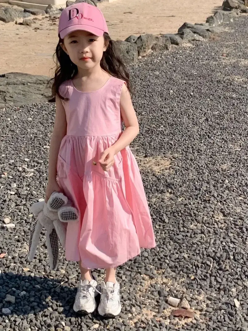 2024 Summer Kids Girl Sleeveless Korean Children's Clothing Girl's Small Fresh Solid Color Cotton Princess Dress