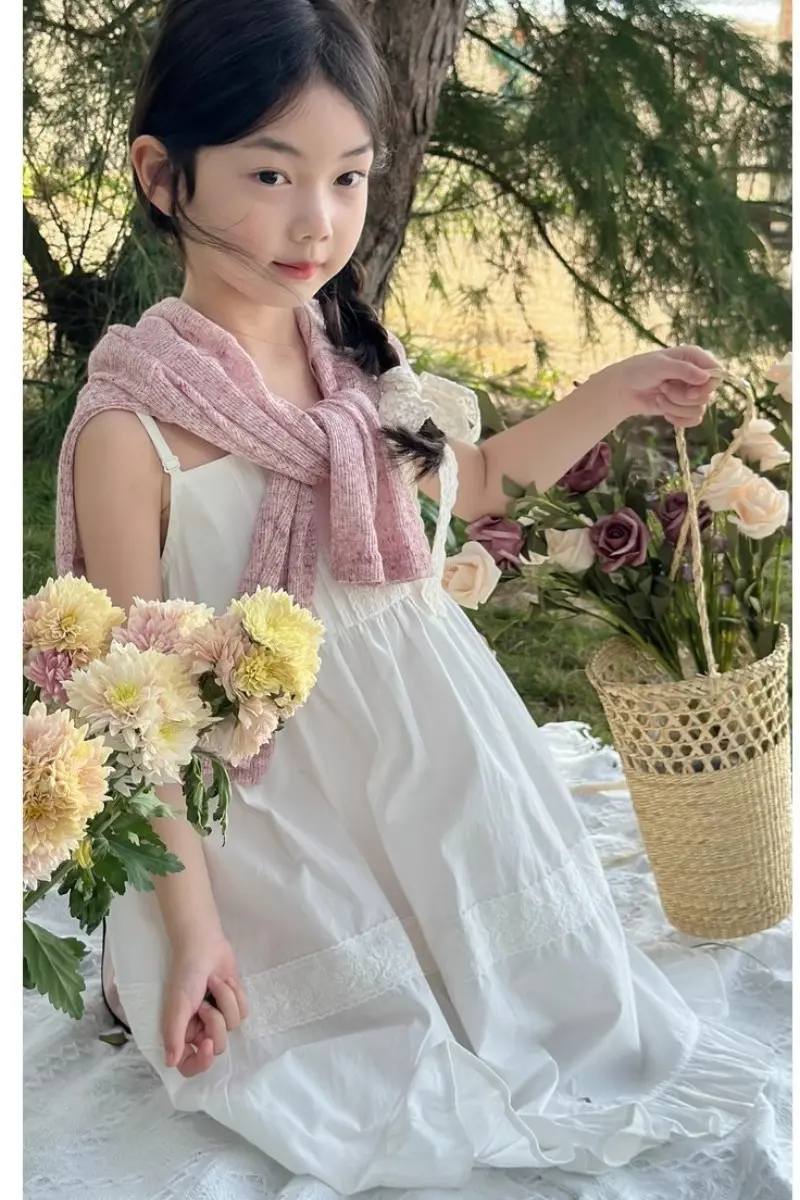 Summer Baby and Girls Cotton White Jacquard Lace Pleated Long Suspender Dresses Kids Outfit Children Sweet Vacation Skirt 2-12Yr