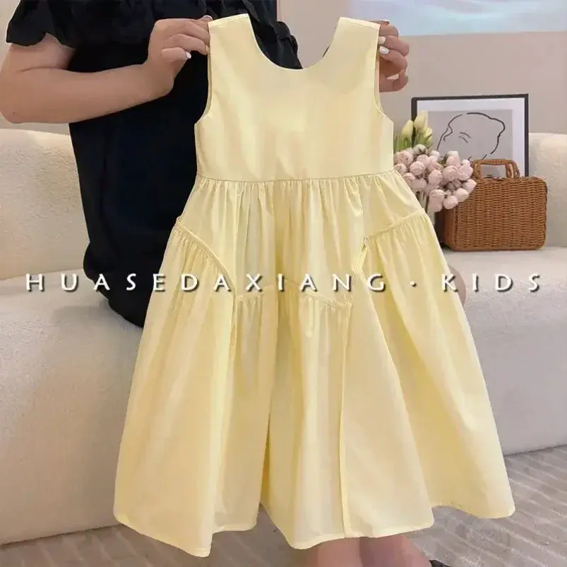 2024 Summer Kids Girl Sleeveless Korean Children's Clothing Girl's Small Fresh Solid Color Cotton Princess Dress