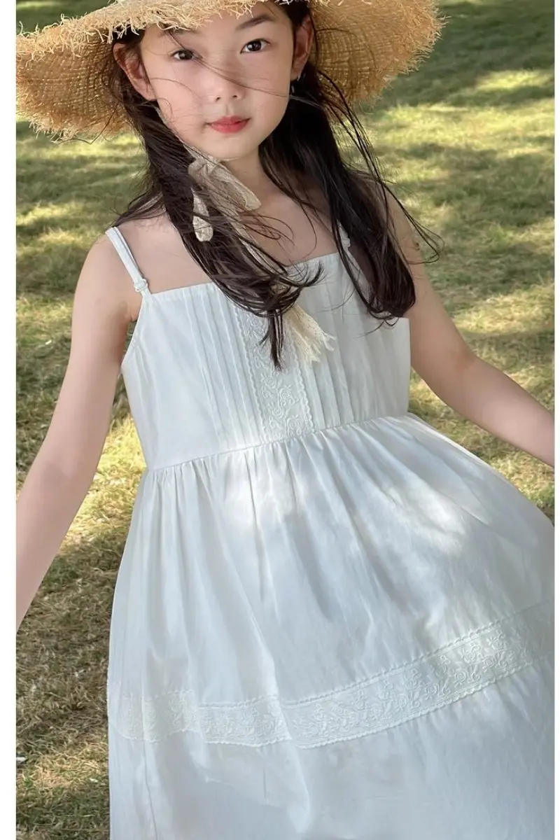 Summer Baby and Girls Cotton White Jacquard Lace Pleated Long Suspender Dresses Kids Outfit Children Sweet Vacation Skirt 2-12Yr