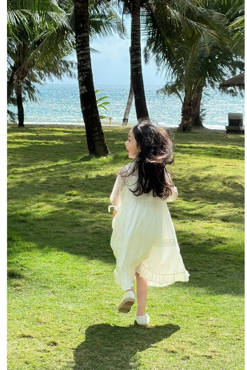 Summer Baby and Girls Cotton White Jacquard Lace Pleated Long Suspender Dresses Kids Outfit Children Sweet Vacation Skirt 2-12Yr