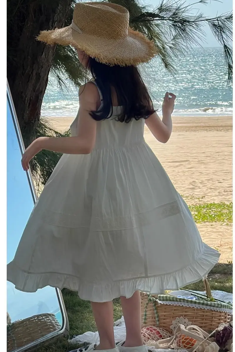 Summer Baby and Girls Cotton White Jacquard Lace Pleated Long Suspender Dresses Kids Outfit Children Sweet Vacation Skirt 2-12Yr