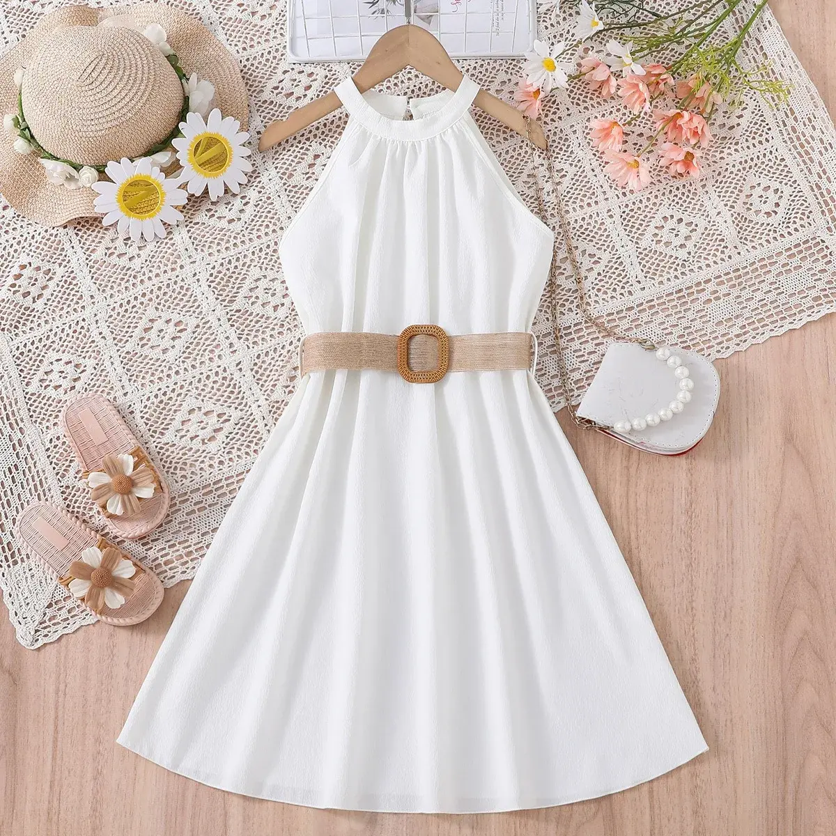 Halter and shoulder princess dress Dress belt summer Casual fashion dress for big girls Everyday clothing Solid color A-line
