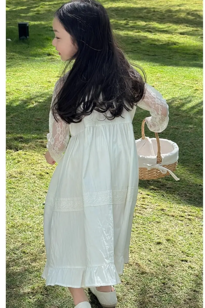 Summer Baby and Girls Cotton White Jacquard Lace Pleated Long Suspender Dresses Kids Outfit Children Sweet Vacation Skirt 2-12Yr