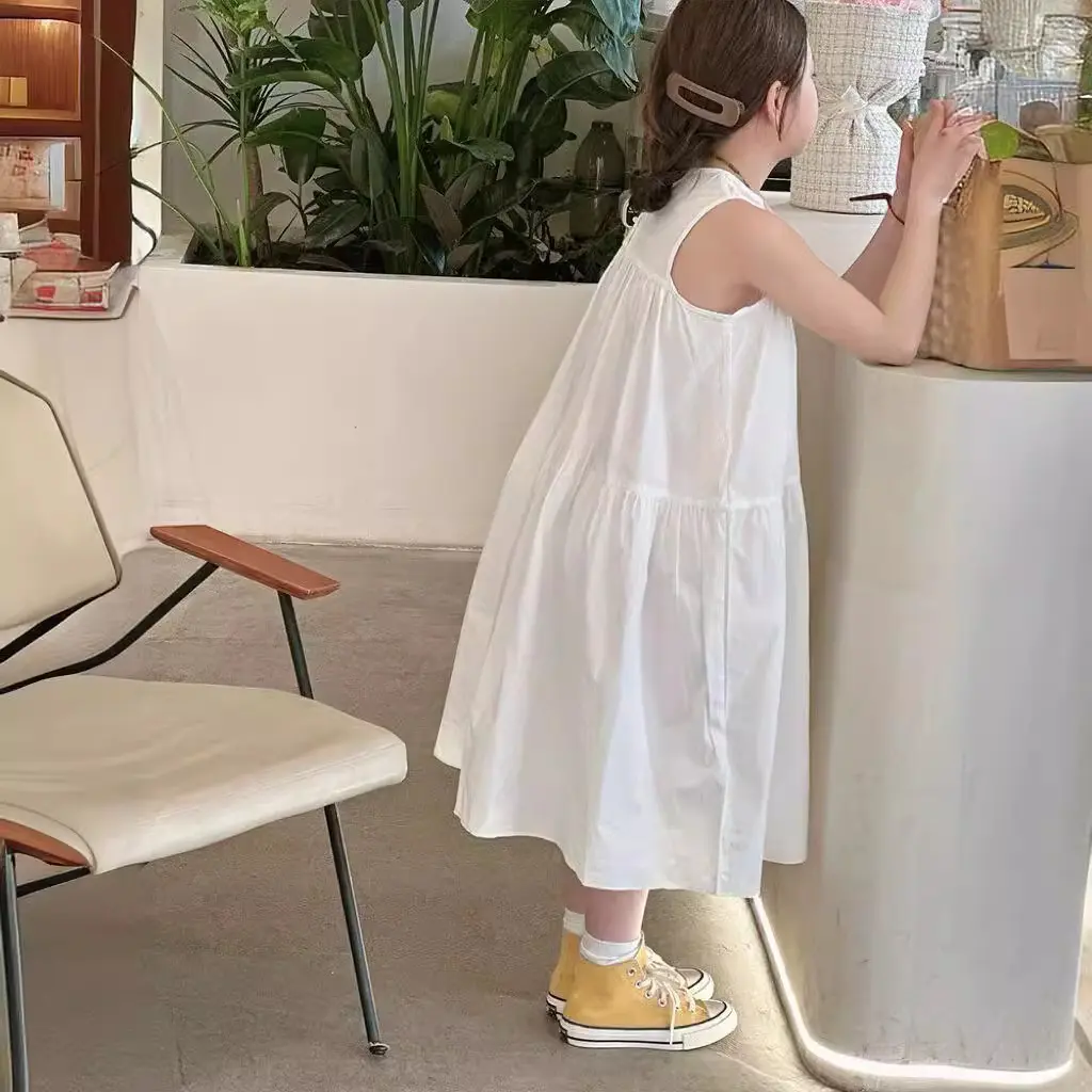 Girls Dresses Korean Children Clothing 2024 Summer New Fashion Cotton Solid Sleeveless O-neck A-line Cute Princess Kids Dress