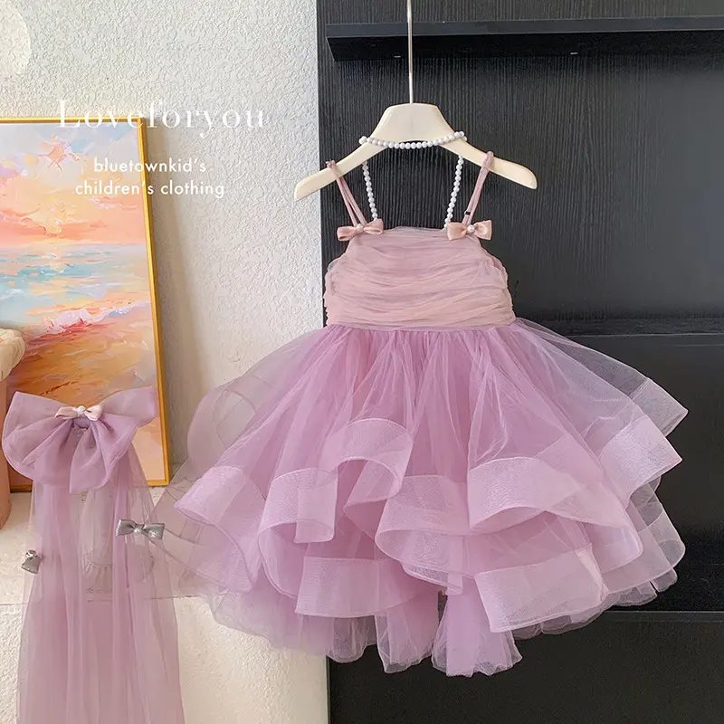 High End Girls Dress Summer 2025 Beautiful Children Suspender Pink Princess Dress Fluffy Mesh Birthday Dress