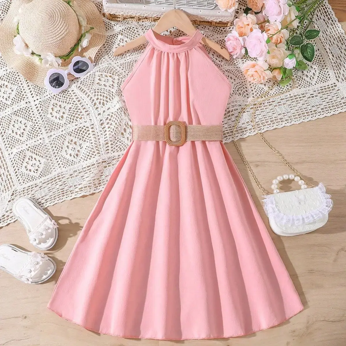Halter and shoulder princess dress Dress belt summer Casual fashion dress for big girls Everyday clothing Solid color A-line