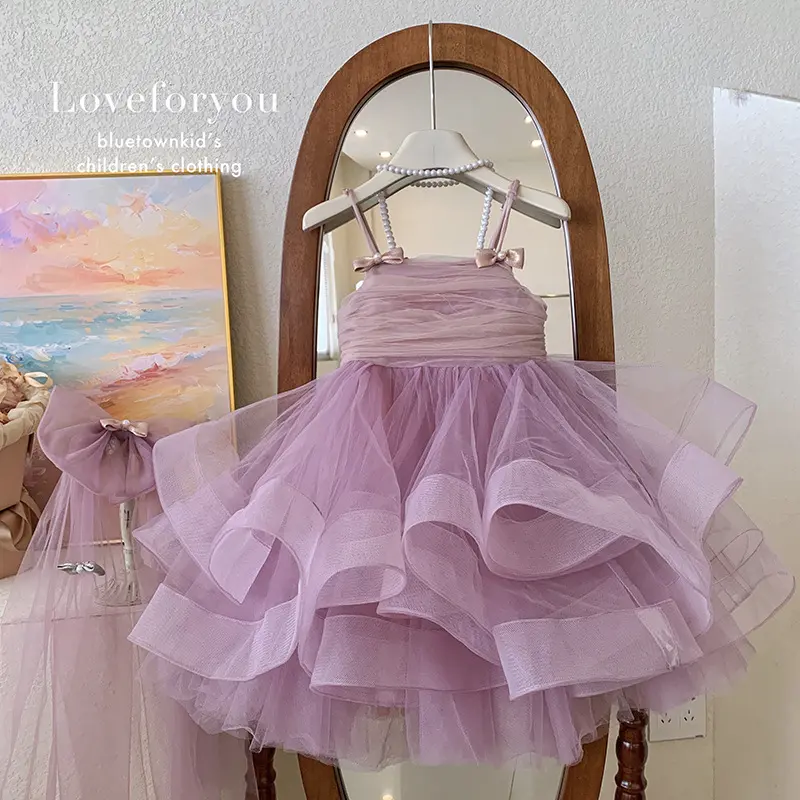 High End Girls Dress Summer 2025 Beautiful Children Suspender Pink Princess Dress Fluffy Mesh Birthday Dress