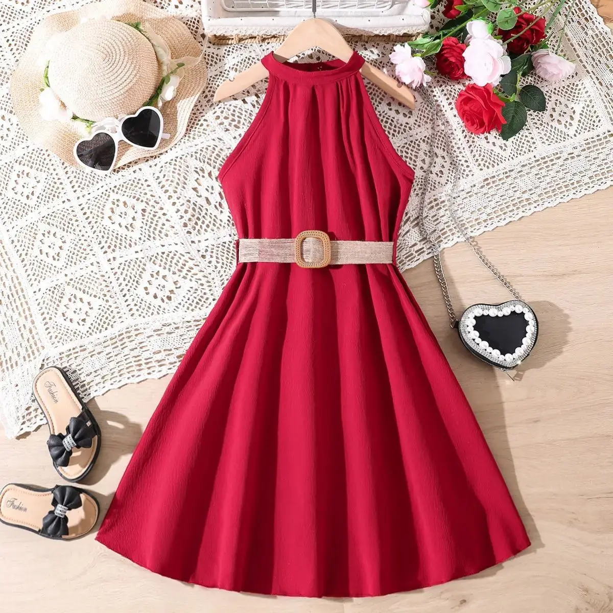 Halter and shoulder princess dress Dress belt summer Casual fashion dress for big girls Everyday clothing Solid color A-line